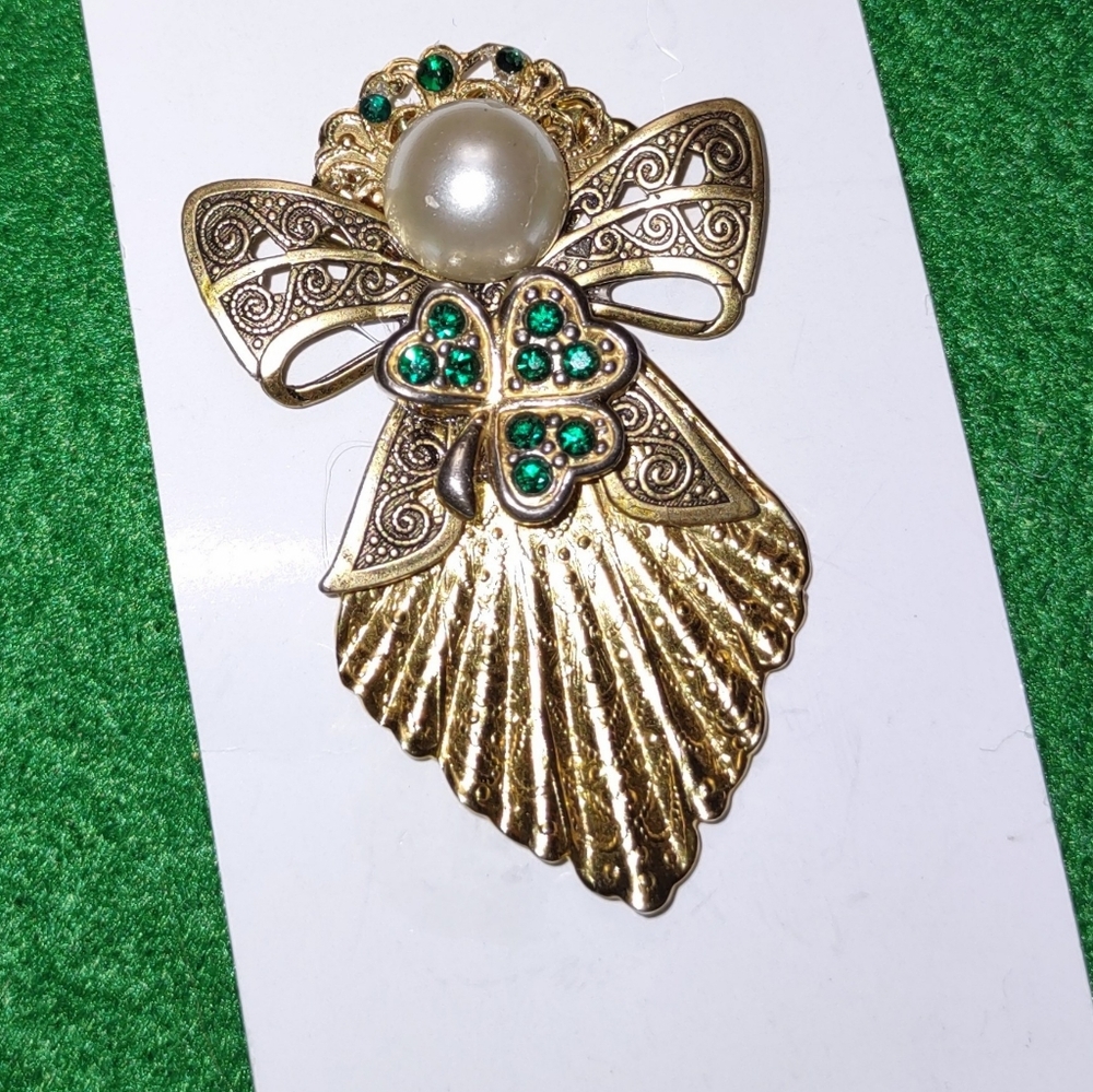 Angel For Ireland Green & Gold Brooch Emerald Clover